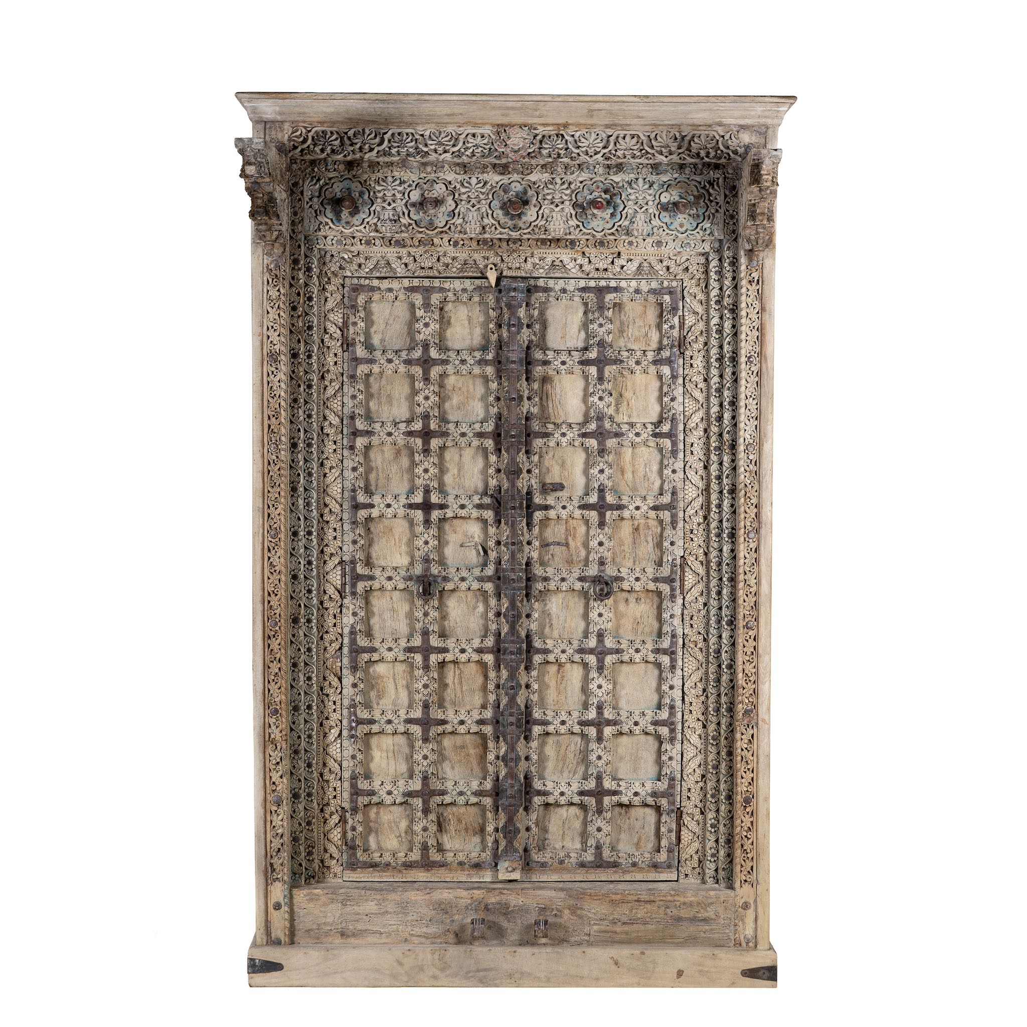 White background image of a solid reclaimed teak wooden wardrobe with hand-carved details, part of our premium teak wood furniture collection.