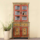 Hand-painted two-part showcase made of reclaimed wood with floral motifs; unique furniture for a boho chic living room, 94 × 48 × 203 cm.