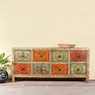 Hand painted sideboard with 8 drawers made of natural mango wood; artisanal chest for bohemian interior, 200 × 40 × 90 cm.