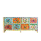White background image of a hand painted sideboard with 8 drawers made of natural mango wood; artisanal chest for bohemian interior, 200 × 40 × 90 cm.