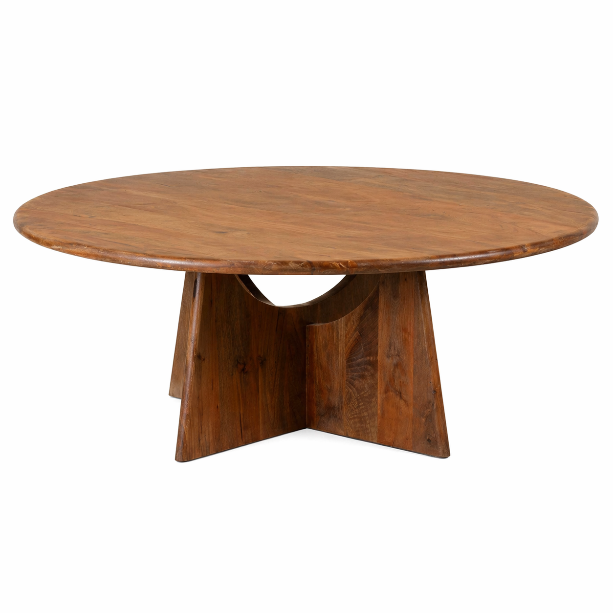 White background image of a round mango wood coffee table with rustic finish and cross-base design, Dia 120 × H 45 cm, living room furniture.