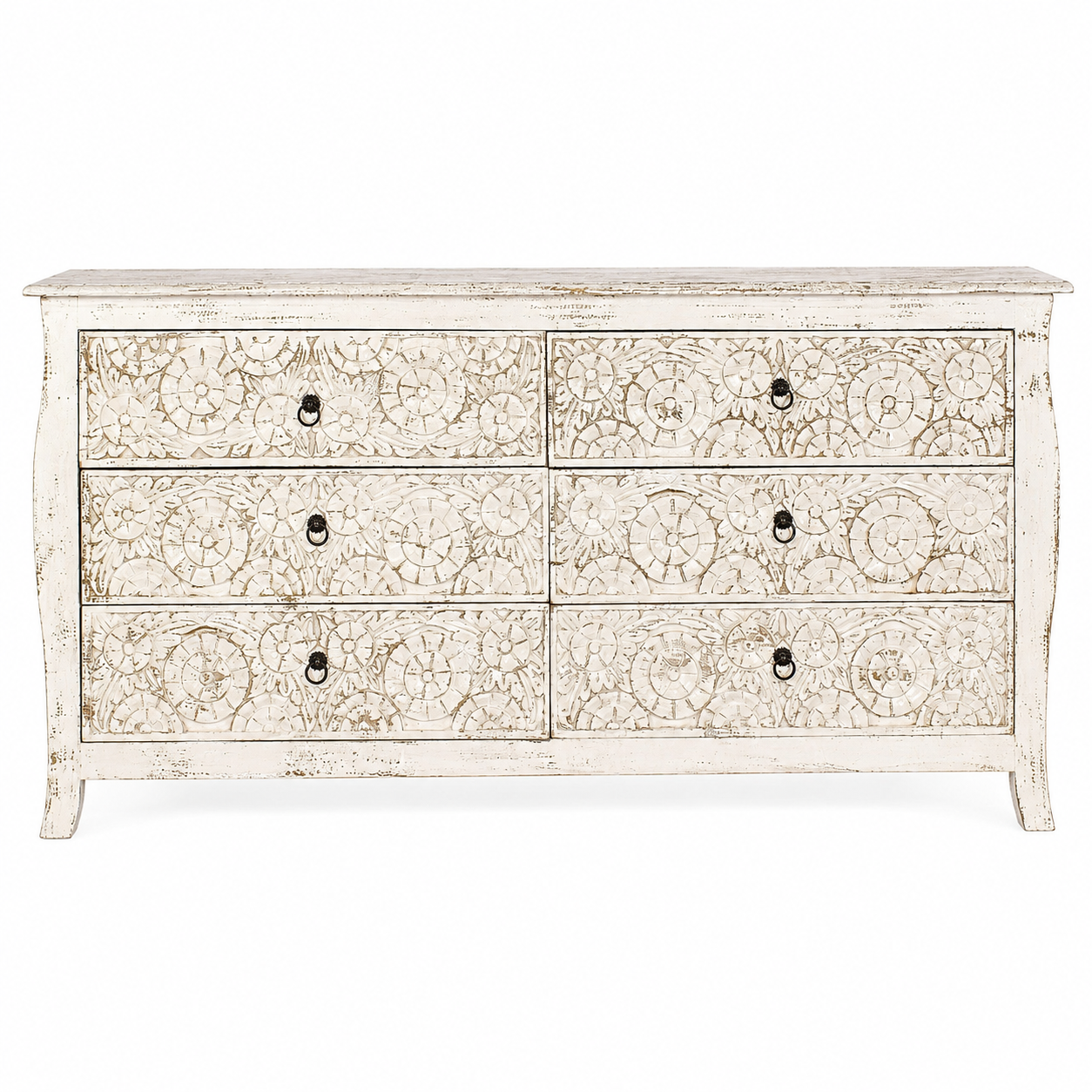 White background image of a Nagpur hand carved mango wood chest of six drawers with Indian carved fronts 150cm