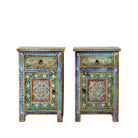 White background image of a pair of hand-painted nightstands made of reclaimed wood in boho style, sustainable furniture with drawer and cabinet, 45 × 35 × 70 cm.