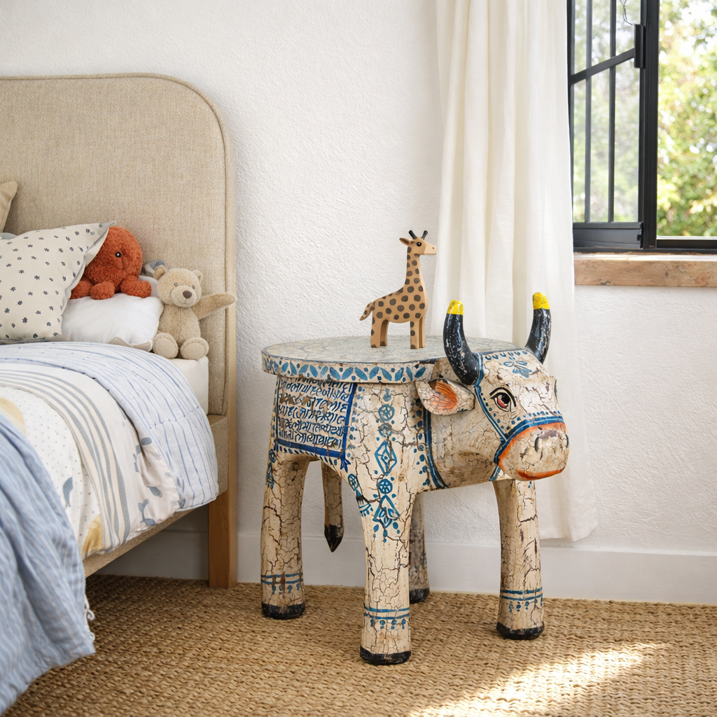 Lifestyle imagination of a hand-painted wooden cow-shaped side table with Indian script and blue folk art patterns, perfect for vintage and India-inspired home interiors.