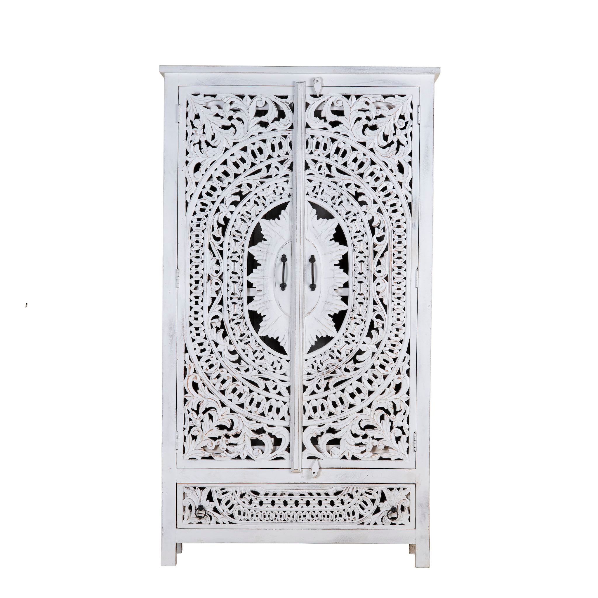 White background image of a hand-carved mango wood wardrobe with floral and geometric patterns and white-washed finish – carved wooden furniture for boho chic and Mediterranean-inspired interiors.