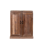 Foldable bar table made of reclaimed teak wood with inside storage.