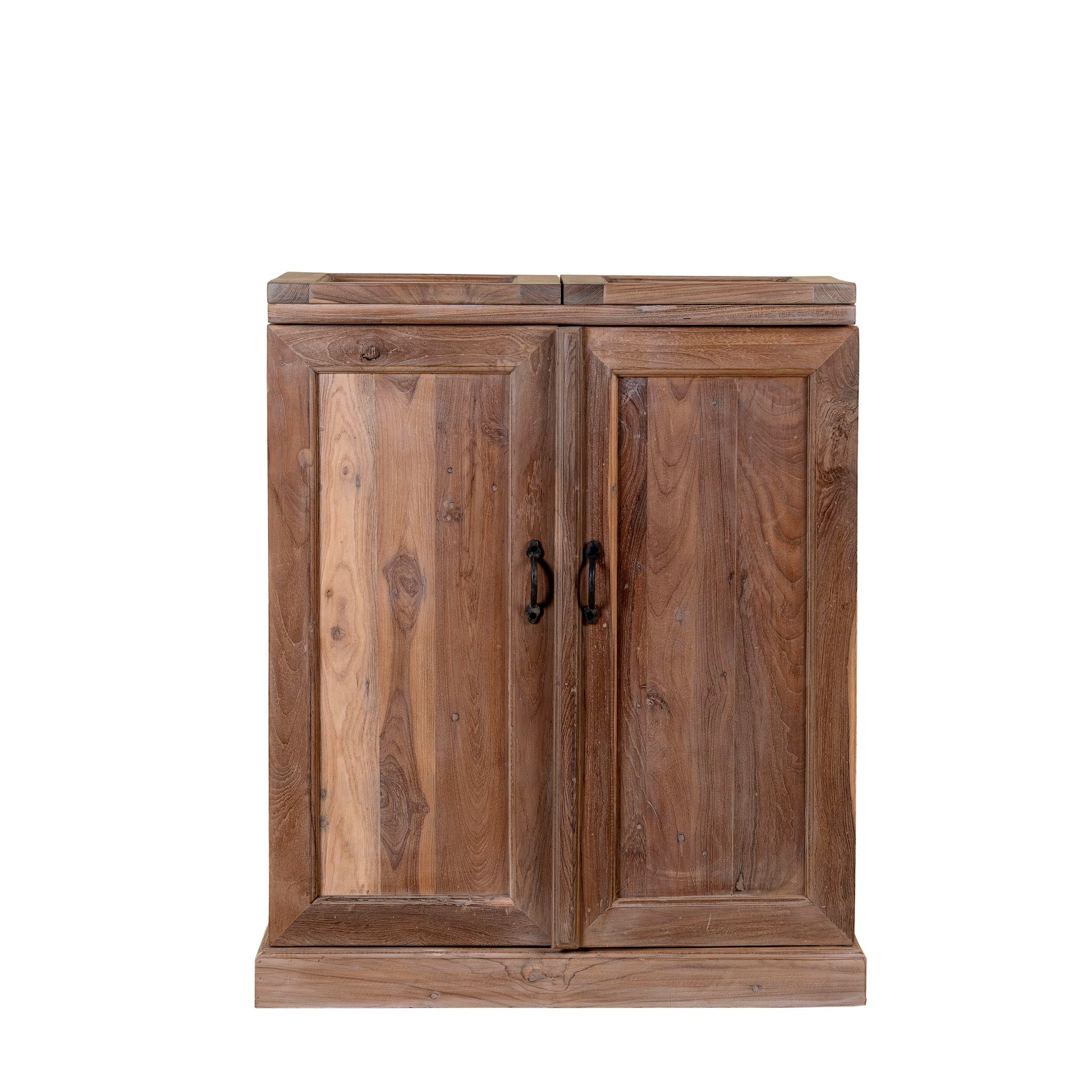 Foldable bar table made of reclaimed teak wood with inside storage.