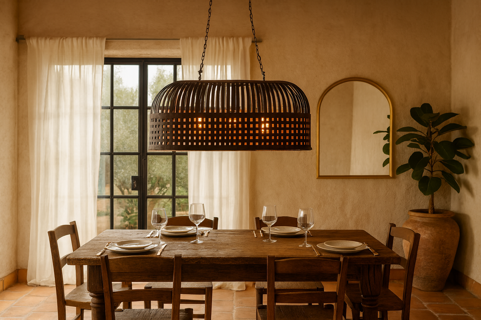 Lifestyle image of a Chitra metal pendant light with hand-forged slatted design and iron chain suspension—an artisanal example of hand crafted metal lamps and bold metal pendant lights for high ceilings.