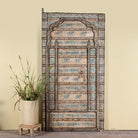 Antique hand-painted Indian teak wood door with floral and elephant motifs; vintage Indian doors for wooden wall decoration, 128 × 10 × 250 cm.