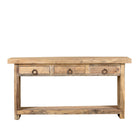 White background image of a teak wood console table with sandblasted finish, three drawers and lower shelf; sustainable furniture for entryways, living rooms, or bathrooms, 160 × 30 × 80 cm.