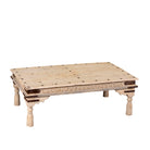 White background image of a Ibiza style coffee table teak wood, reclaimed teak with carved details; sustainable Indian coffee table, 122 × 77 × 44 cm.