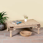 Ibiza style coffee table teak wood, reclaimed teak with carved details; sustainable Indian coffee table, 122 × 77 × 44 cm.