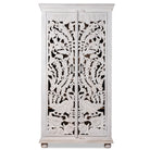 White background image of a hand-carved mango wood wardrobe with peacock and floral motifs, whitewashed finish; elegant wooden wardrobe and mango wood furniture, 190 × 100 × 40 cm.