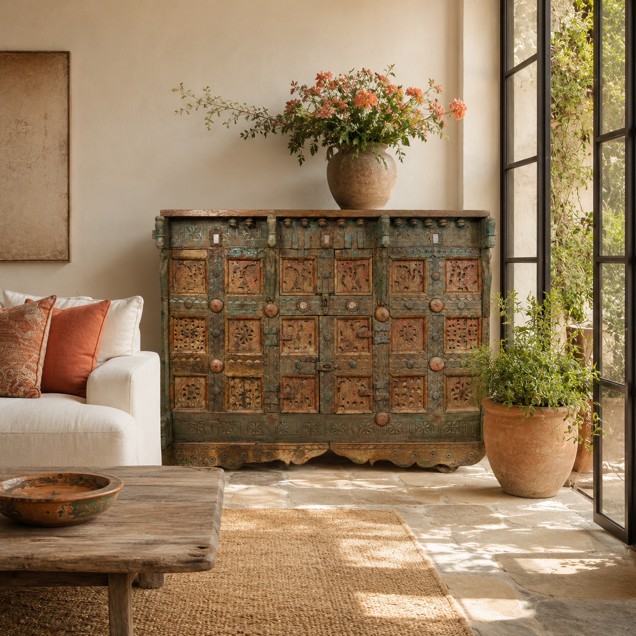 Lifestyle image of a Damchya antique Indian marriage chest on wooden wheels crafted from reclaimed teak wood 130cm