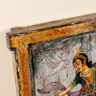 Close up image of a Dancer antique reclaimed wood mirror with hand-painted classical Indian dancer artwork on an authentic vintage wooden mirror frame, 50x50x5cm.
