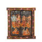 White background image of a Dancing Ganesh antique reclaimed wood mirror with hand-painted Indian artwork on an authentic vintage reclaimed wooden mirror frame, 50x50x5cm.