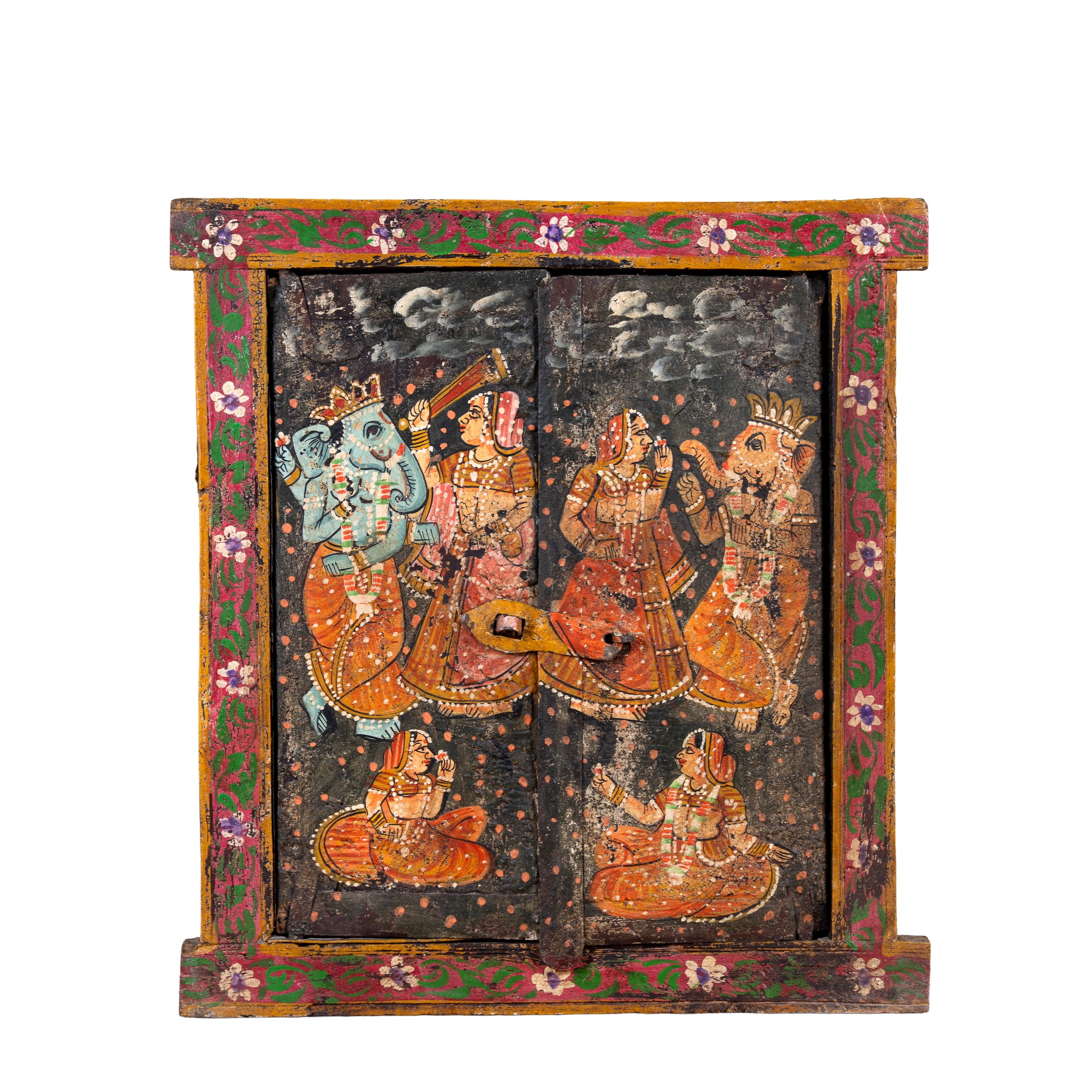 White background image of a Dancing Ganesh antique reclaimed wood mirror with hand-painted Indian artwork on an authentic vintage reclaimed wooden mirror frame, 50x50x5cm.