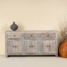 Sustainable bathroom sideboard made of reclaimed wood with four cupboards and three drawers, rustic finish, 180 × 40 × 90 cm.