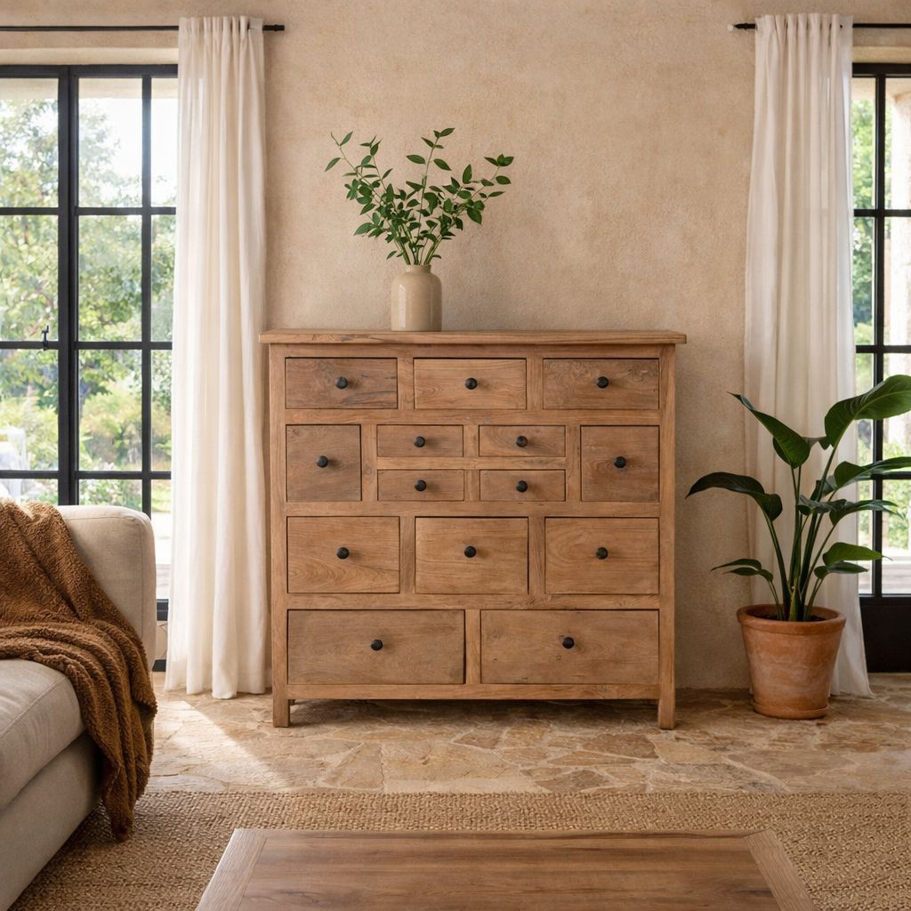Lifestyle image of a teak furniture chest of drawers made from reclaimed old teak wood, eco-friendly sustainable furniture in Ibiza style, 100 × 40 × 100 cm.
