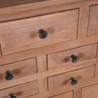 Close up image of a teak furniture chest of drawers made from reclaimed old teak wood, eco-friendly sustainable furniture in Ibiza style, 100 × 40 × 100 cm.