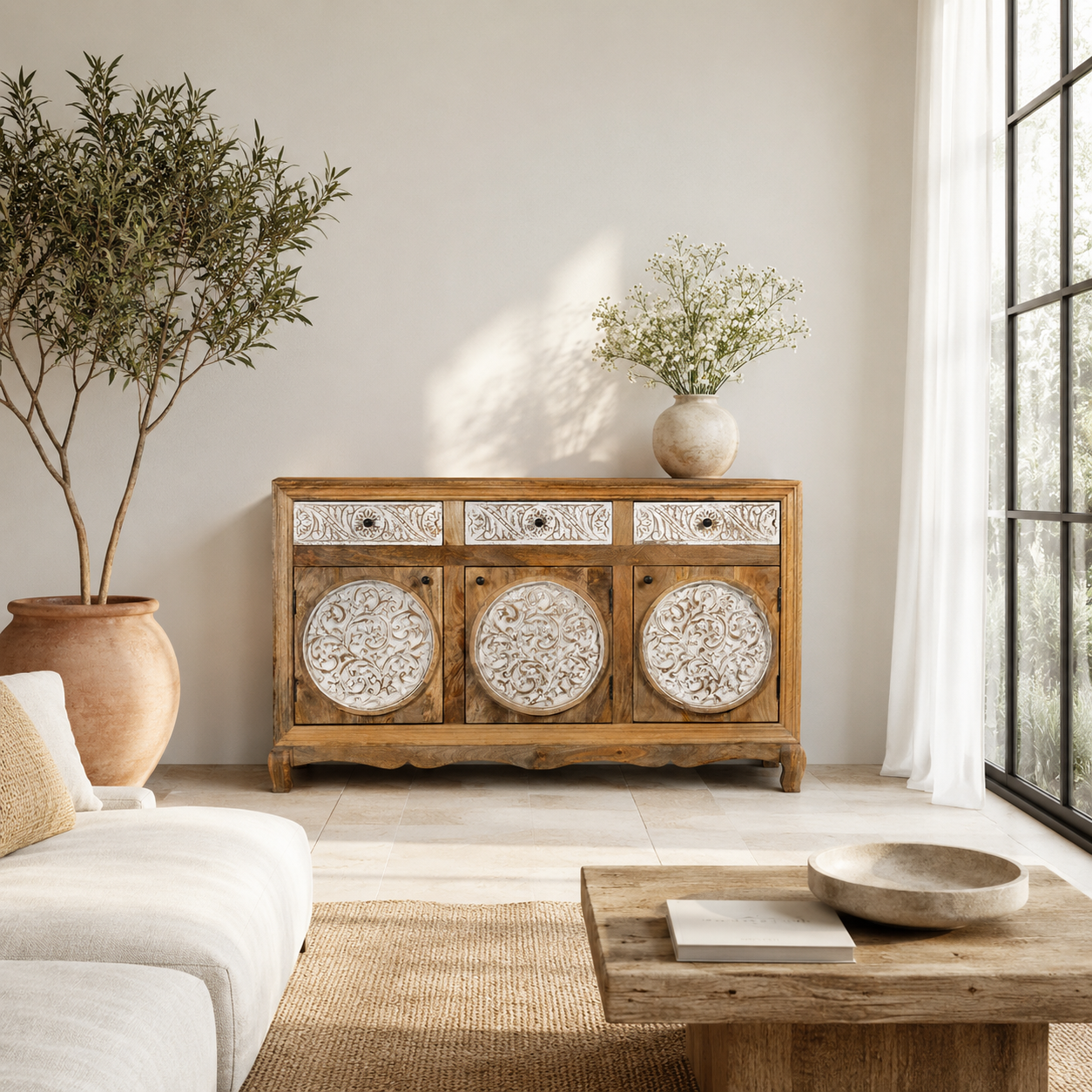 Lifestyle imagination o a hand carved wooden sideboard made from mango wood with floral carvings and curved base, mango wood furniture with storage, 150 × 40 × 95 cm.