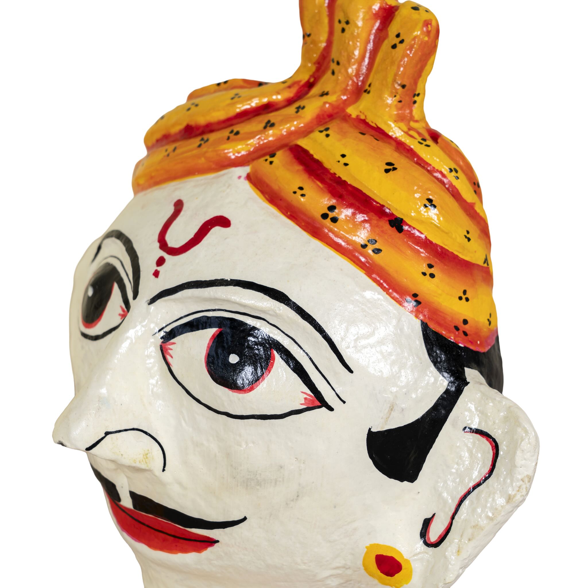 Close up image of a set of 2 hand-painted Rajasthani papier maché heads featuring a man and woman in traditional attire, ideal for vintage home decoration and Indian home decor.