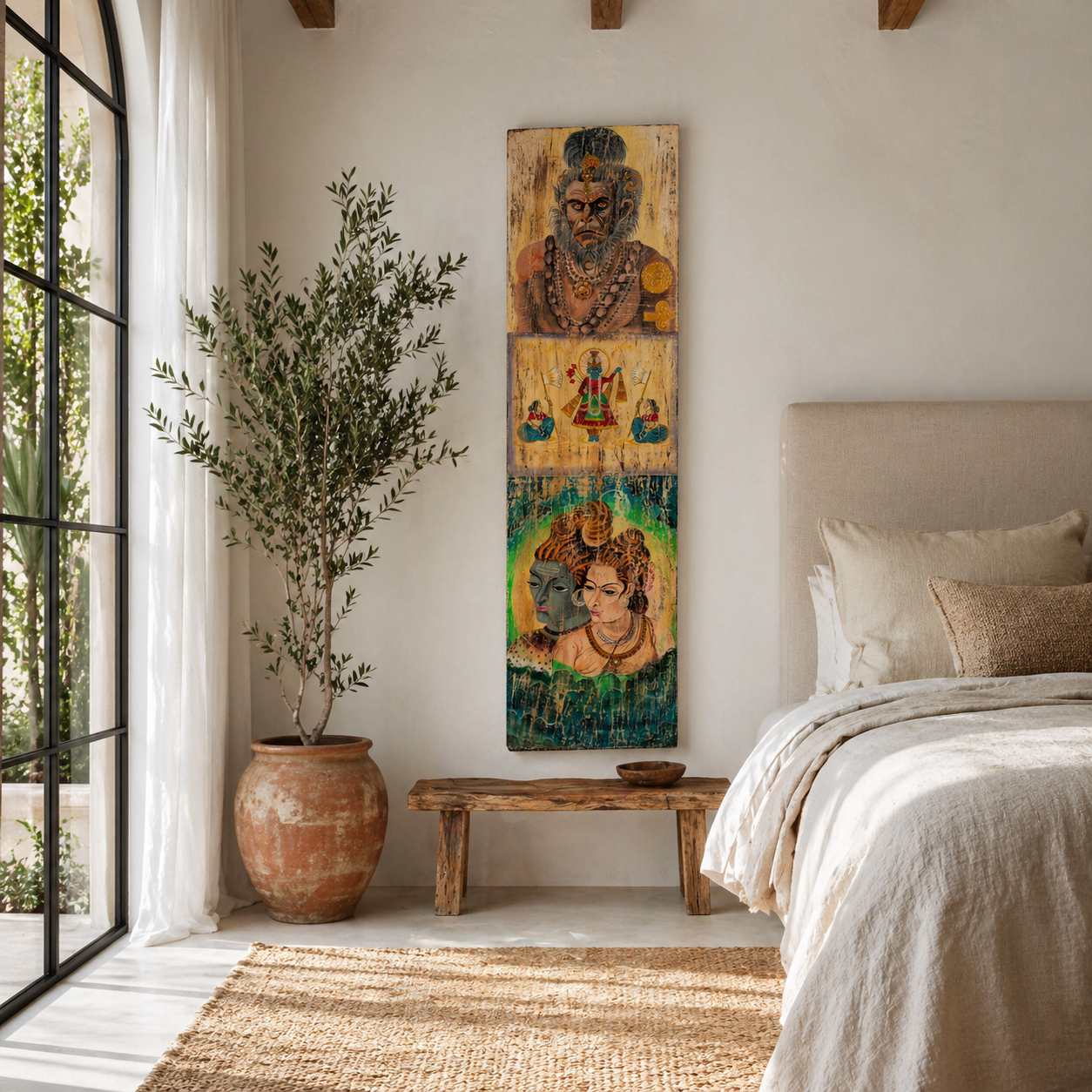 Lifestyle scene with a hand-painted vintage door panel measuring 52x3x152 cm, featuring detailed depictions of Hindu deities—Hanuman at the top, a divine scene with attendants in the center, and a serene portrayal of Lord Shiva with Parvati at the bottom—rendered on distressed wood for a timeworn, sacred aesthetic.
