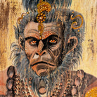 Close up image of a hand-painted vintage door panel measuring 52x3x152 cm, featuring detailed depictions of Hindu deities—Hanuman at the top, a divine scene with attendants in the center, and a serene portrayal of Lord Shiva with Parvati at the bottom—rendered on distressed wood for a timeworn, sacred aesthetic.

