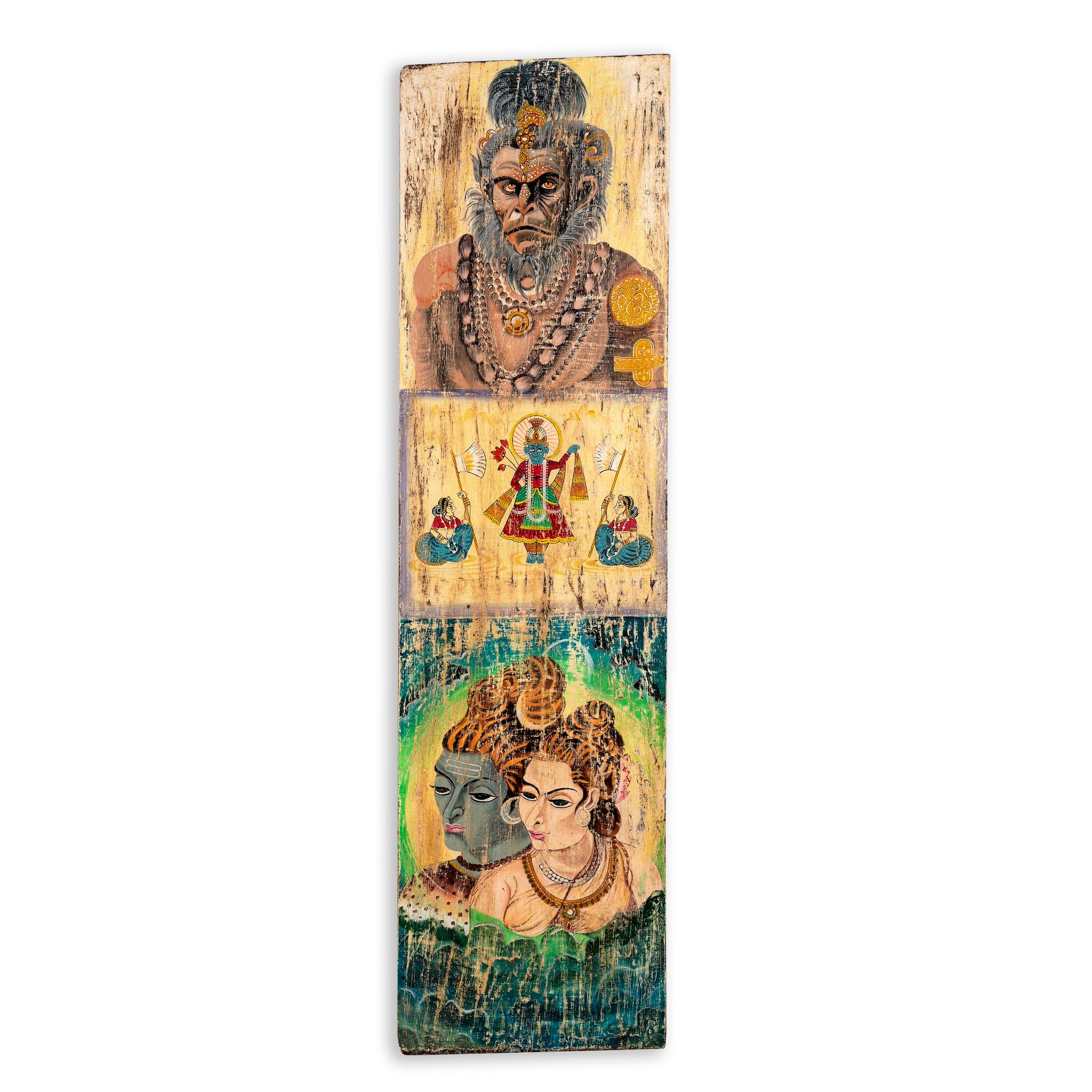 White background image of a hand-painted vintage door panel measuring 52x3x152 cm, featuring detailed depictions of Hindu deities—Hanuman at the top, a divine scene with attendants in the center, and a serene portrayal of Lord Shiva with Parvati at the bottom—rendered on distressed wood for a timeworn, sacred aesthetic.
