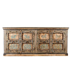 White background image of a unique sideboard made of recycled wood with hand painted Indian motifs in blue and gold; sustainable furniture for dining rooms or hallways, 220 × 44 × 98 cm.