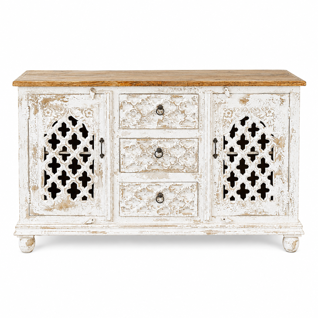 White background image of a Deepit hand carved whitewashed mango wood sideboard with oriental carved front 150cm