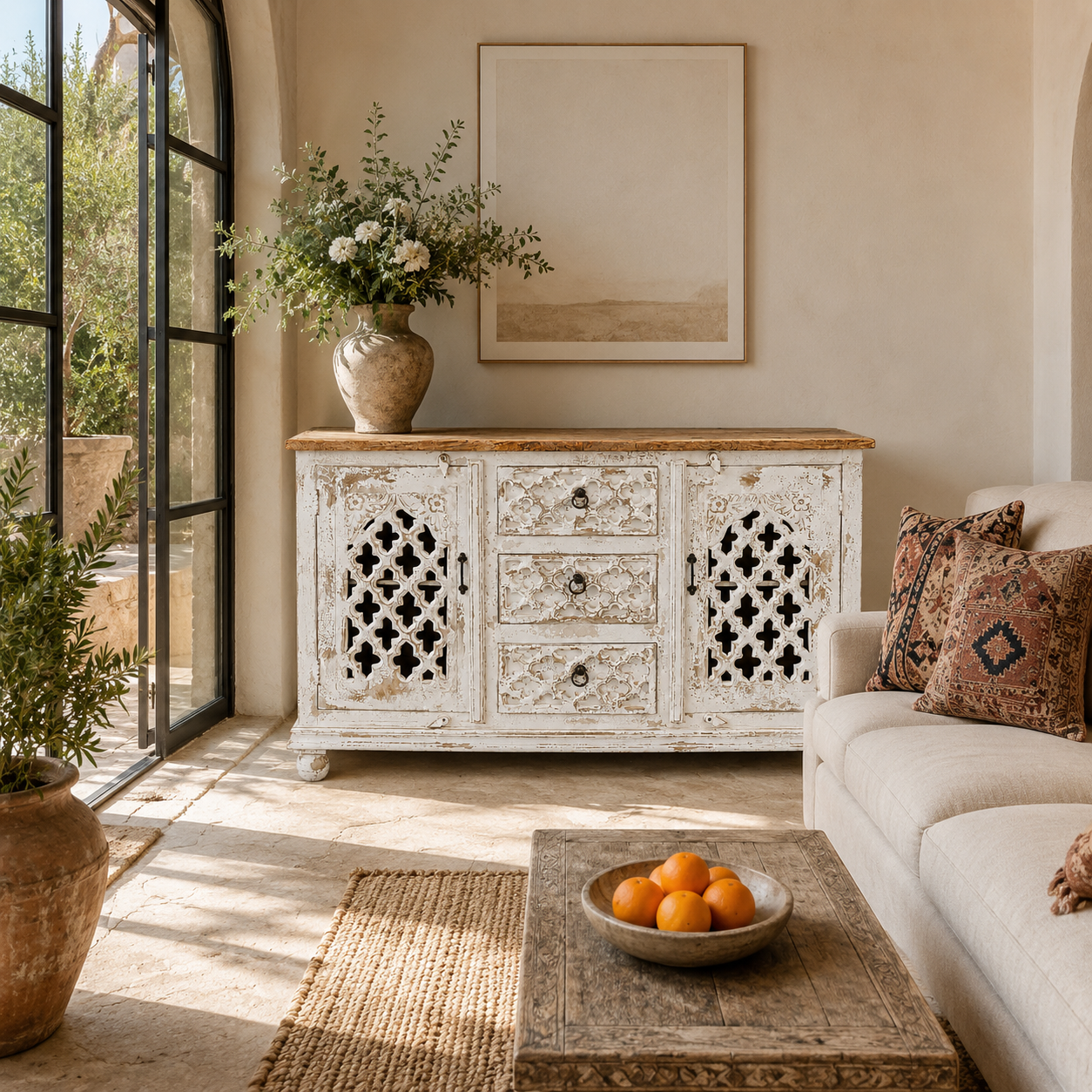 Lifestyle image of a Deepit hand carved whitewashed mango wood sideboard with oriental carved front 150cm