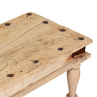 Close up image of a sandblasted reclaimed teak bench with turned legs, rustic finish; unique teak furniture, 152 × 40 × 44 cm.