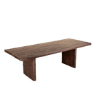 White background image of a rustic reclaimed wood log dining table with block legs, sustainable furniture design, 240×100×75 cm.
