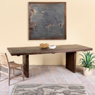 Rustic reclaimed wood log dining table with block legs, sustainable furniture design, 240×100×75 cm.