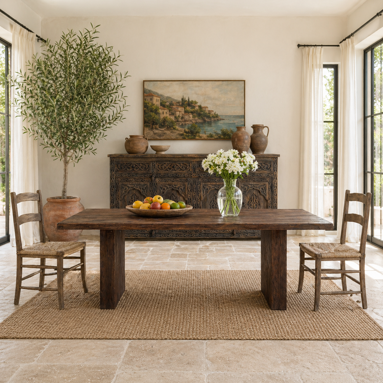 Lifestyle image of a rustic reclaimed wood log dining table with block legs, sustainable furniture design, 240×100×75 cm.