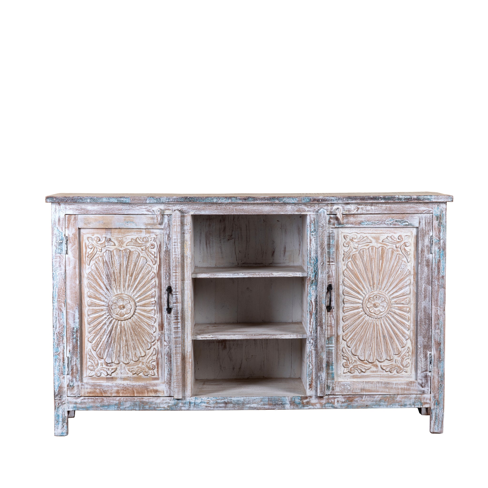 White background image of a Devesh reclaimed wood sideboard with hand carved refurbished doors, open shelves and vintage whitewash finish 153cm