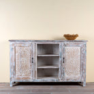 Devesh reclaimed wood sideboard with hand carved refurbished doors, open shelves and vintage whitewash finish 153cm