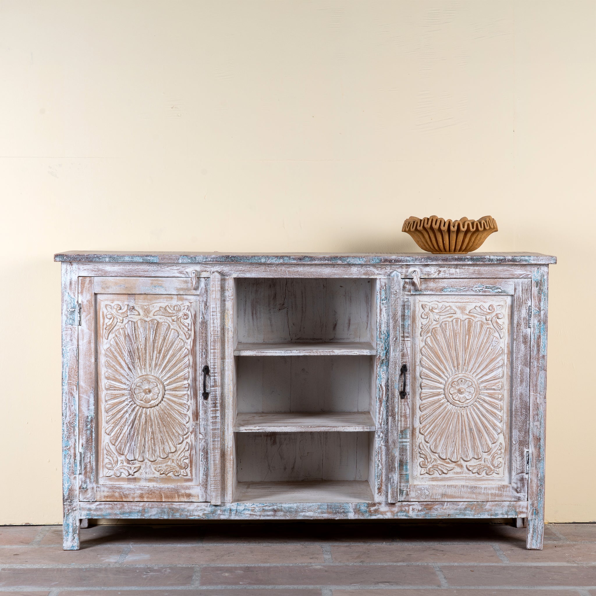 Devesh reclaimed wood sideboard with hand carved refurbished doors, open shelves and vintage whitewash finish 153cm