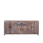 White background image of a reclaimed wood sideboard Devina in rustic minimalistic style with cabinet doors and central drawer. A sustainable furniture piece showcasing natural wood grain and timeless simplicity.