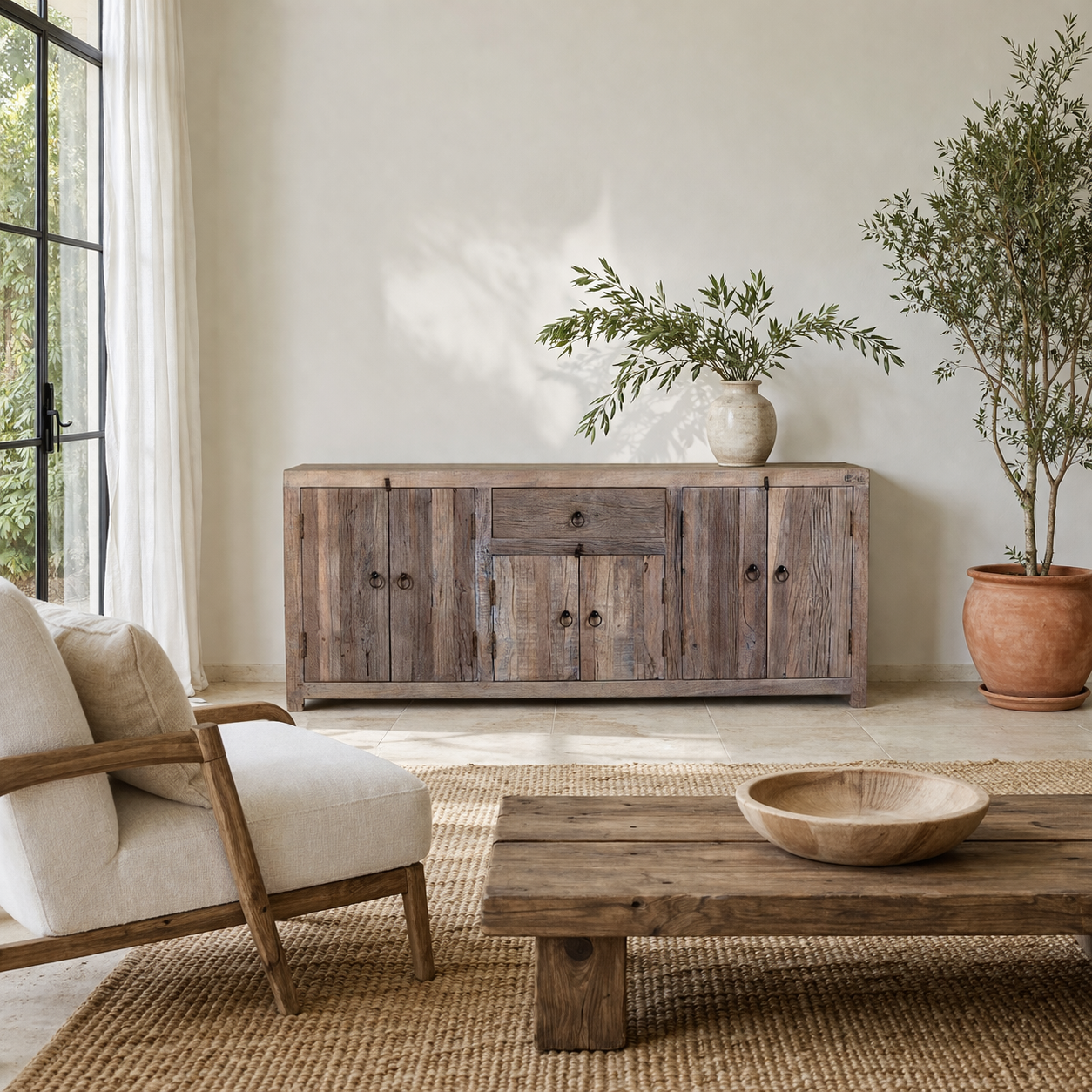 Lifestyle imagination of a reclaimed wood sideboard Devina in rustic minimalistic style with cabinet doors and central drawer. A sustainable furniture piece showcasing natural wood grain and timeless simplicity.