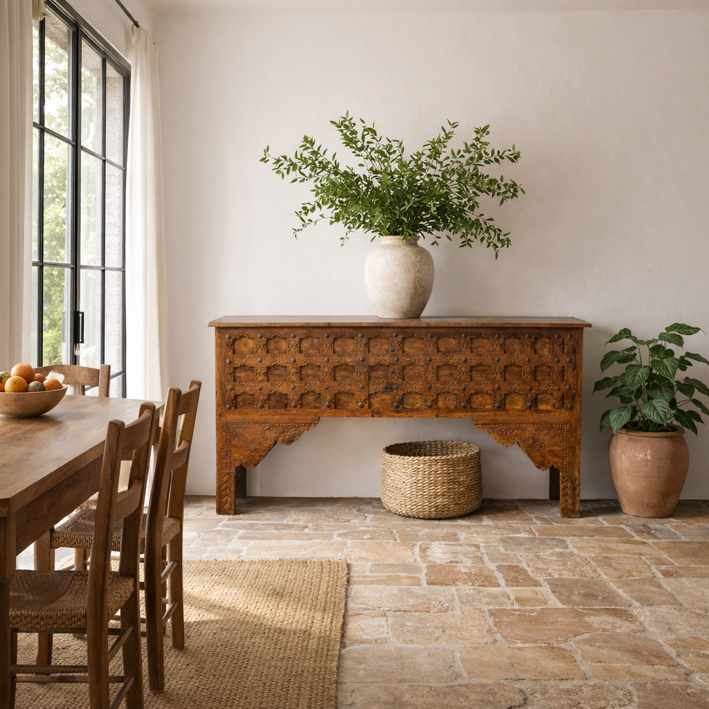Lifestyle imagination of a teak wood console table made from antique Indian door parts; sustainable old door furniture, 183 × 95 × 45 cm.