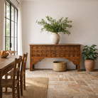 Lifestyle imagination of a teak wood console table made from antique Indian door parts; sustainable old door furniture, 183 × 95 × 45 cm.