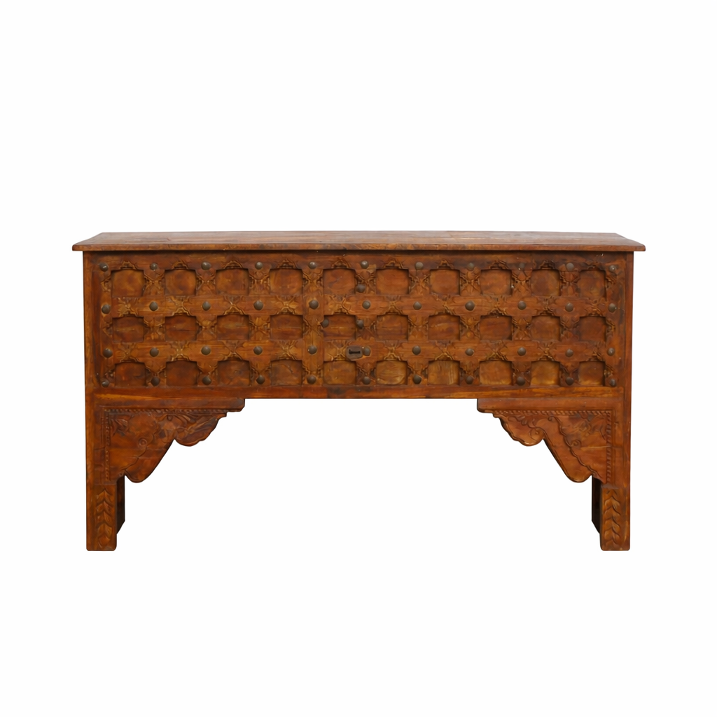 White background image of a Teak wood console table made from antique Indian door parts; sustainable old door furniture, 183 × 95 × 45 cm.