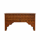 White background image of a Teak wood console table made from antique Indian door parts; sustainable old door furniture, 183 × 95 × 45 cm.