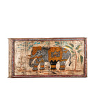 White background image of a Dhairya hand painted reclaimed Indian teak door panel wall art with elephant motif 170cm