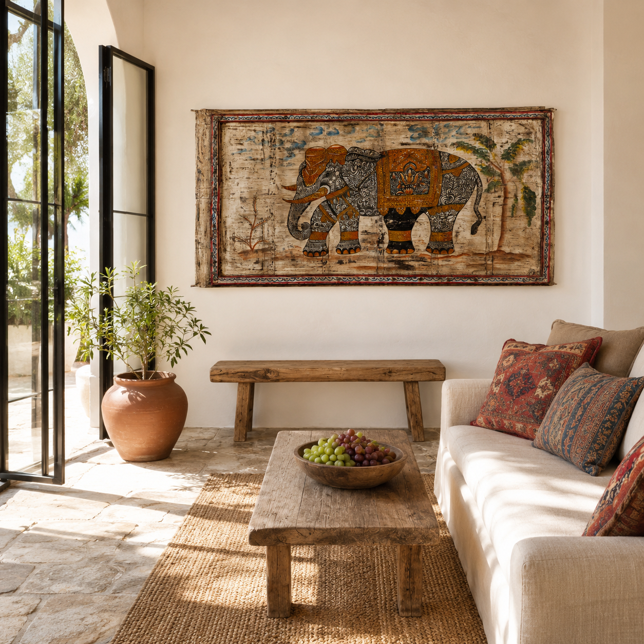 Lifestyle image of a Dhairya hand painted reclaimed Indian teak door panel wall art with elephant motif 170cm