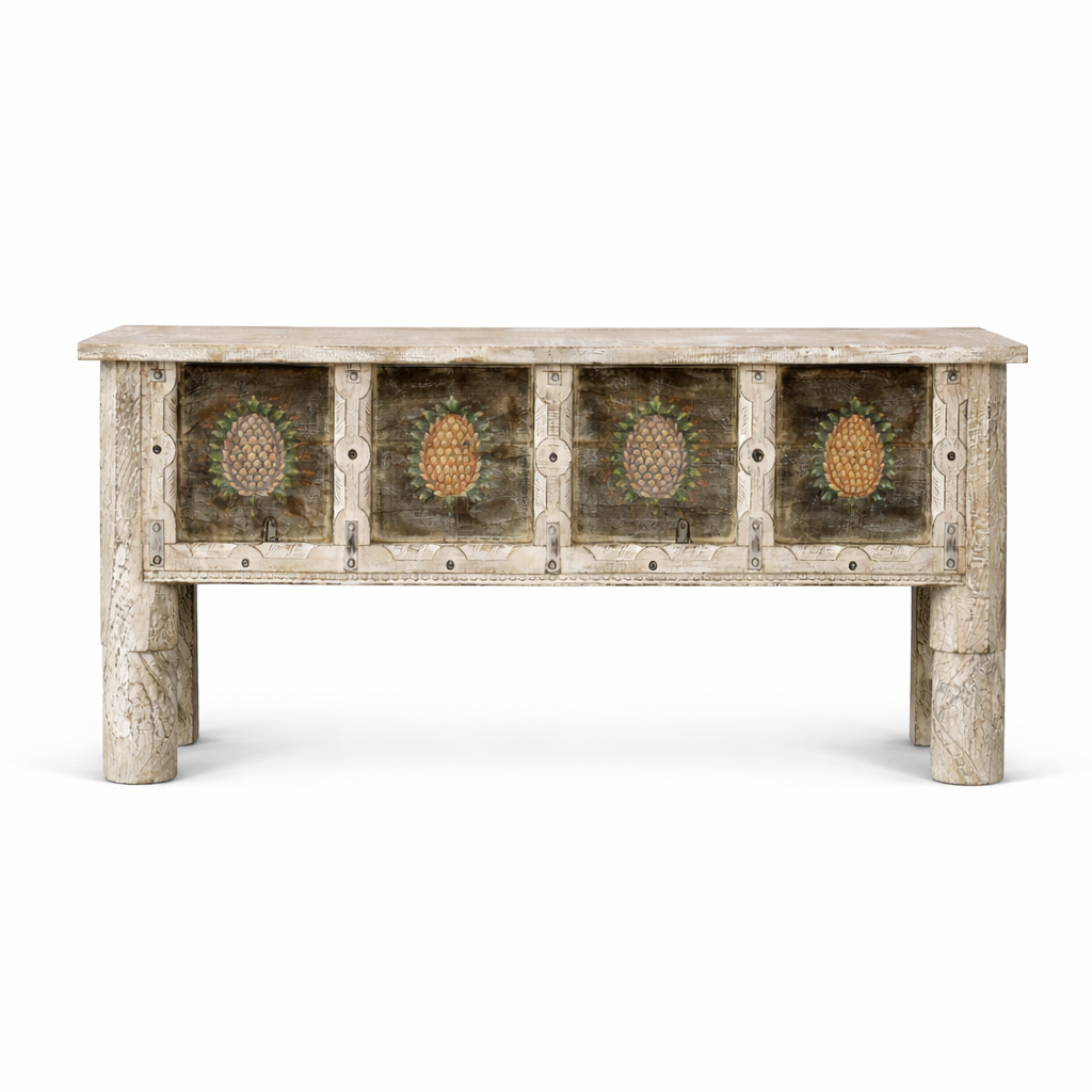 White background image of a teak wood console table made from recycled antique house parts with hand-painted front; sustainable furniture, 183 × 85 × 42 cm.