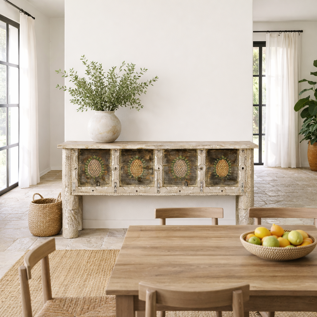 Lifestyle image of a Teak wood console table made from recycled antique house parts with hand-painted front; sustainable furniture, 183 × 85 × 42 cm.