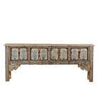 White background image of a hand painted console table in reclaimed teak with floral motifs and antique distressed finish, 197 × 40 × 82 cm.